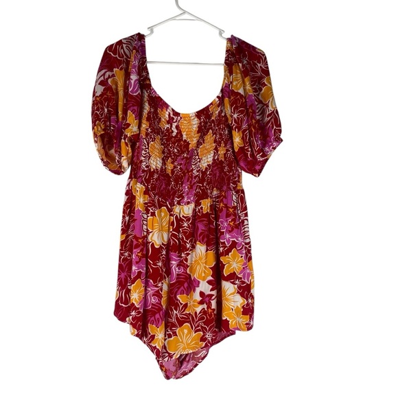 NEW Roxy Barefoot Bade Smocked Romper Large Red Pink Orange Hibiscus Floral - Picture 3 of 13